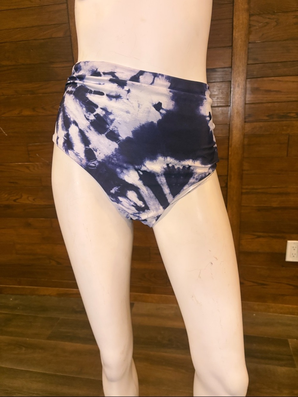 Zaful Navy and White Tie-Dye High-Waist Bikini Bottoms